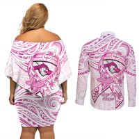 Polynesia Breast Cancer Awareness Couples Matching Off Shoulder Short Dress and Long Sleeve Button Shirt Pink Ribbon No One Fights Alone - White