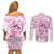 Polynesia Breast Cancer Awareness Couples Matching Off Shoulder Short Dress and Long Sleeve Button Shirt Pink Ribbon No One Fights Alone - White