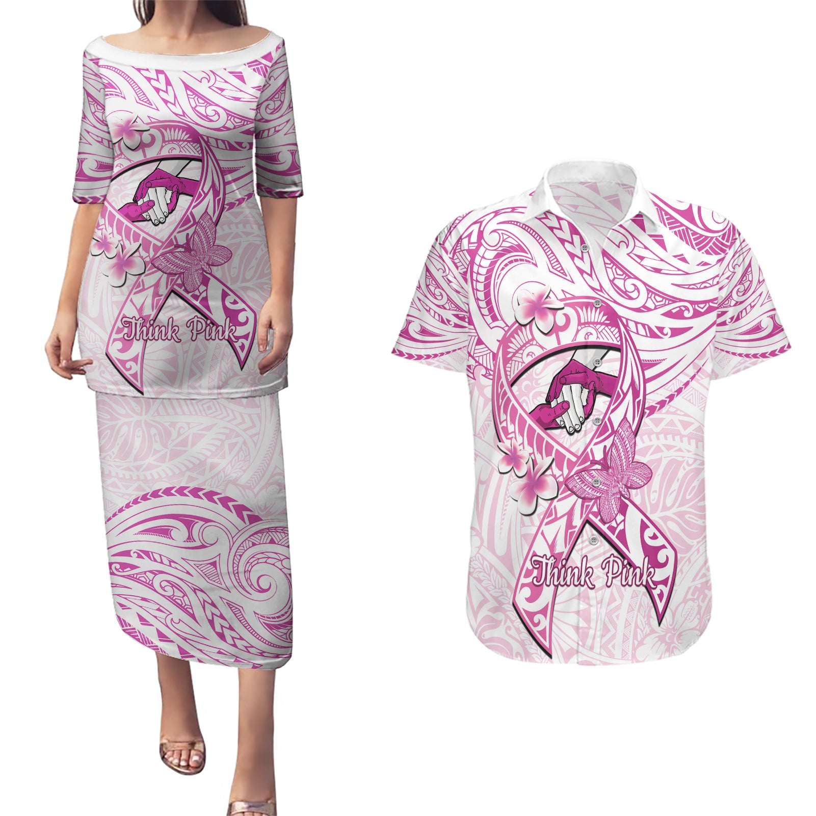 Polynesia Breast Cancer Awareness Couples Matching Puletasi and Hawaiian Shirt Pink Ribbon No One Fights Alone - White