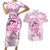 Polynesia Breast Cancer Awareness Couples Matching Short Sleeve Bodycon Dress and Hawaiian Shirt Pink Ribbon No One Fights Alone - White