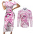 Polynesia Breast Cancer Awareness Couples Matching Short Sleeve Bodycon Dress and Long Sleeve Button Shirt Pink Ribbon No One Fights Alone - White