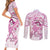 Polynesia Breast Cancer Awareness Couples Matching Short Sleeve Bodycon Dress and Long Sleeve Button Shirt Pink Ribbon No One Fights Alone - White