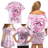 Polynesia Breast Cancer Awareness Family Matching Off Shoulder Short Dress and Hawaiian Shirt Pink Ribbon No One Fights Alone - White