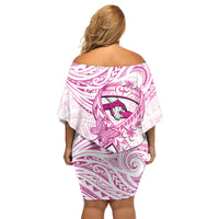 Polynesia Breast Cancer Awareness Family Matching Off Shoulder Short Dress and Hawaiian Shirt Pink Ribbon No One Fights Alone - White