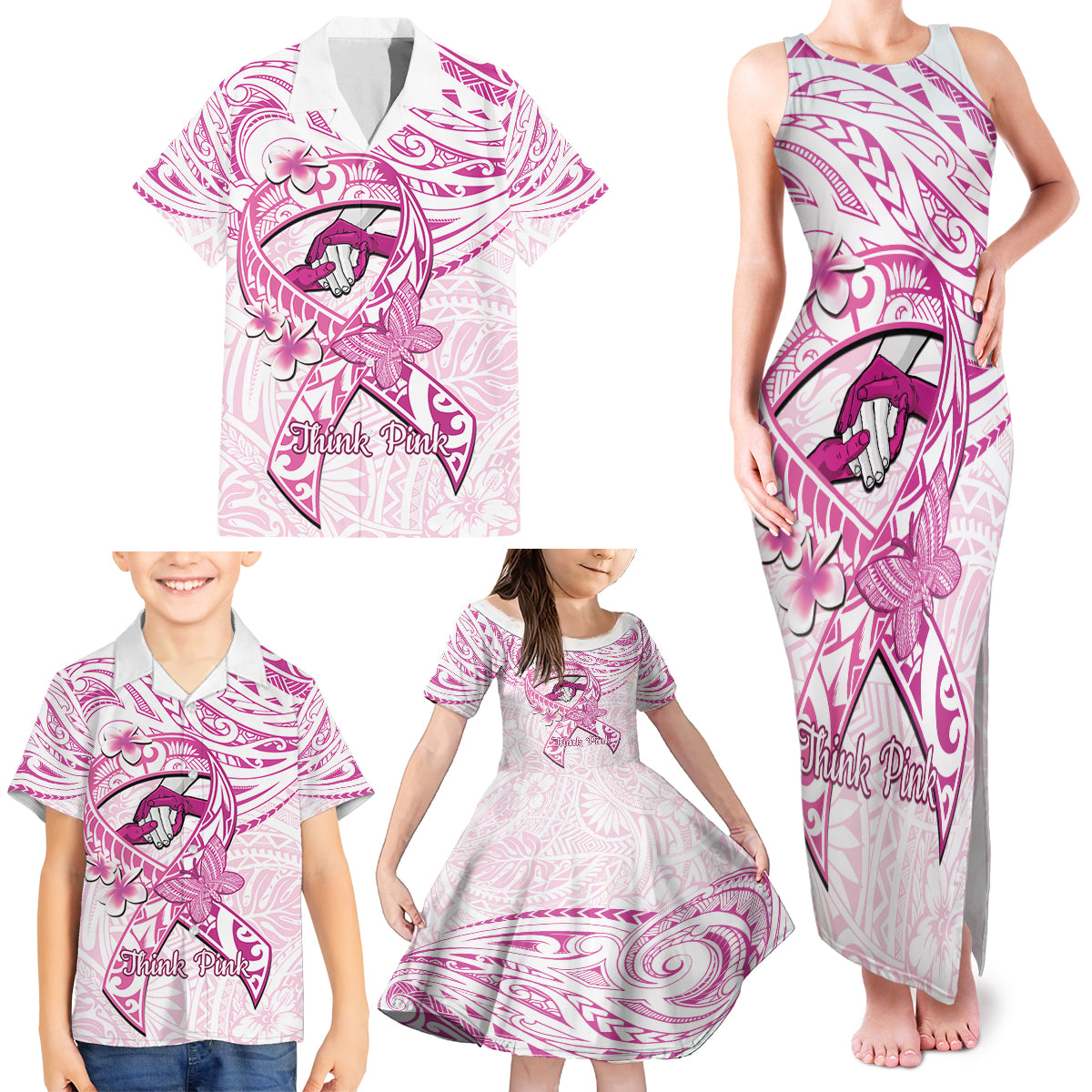 Polynesia Breast Cancer Awareness Family Matching Tank Maxi Dress and Hawaiian Shirt Pink Ribbon No One Fights Alone - White