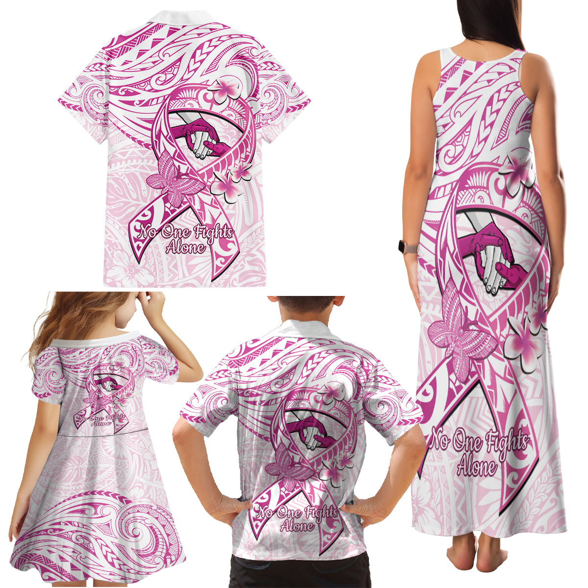Polynesia Breast Cancer Awareness Family Matching Tank Maxi Dress and Hawaiian Shirt Pink Ribbon No One Fights Alone - White
