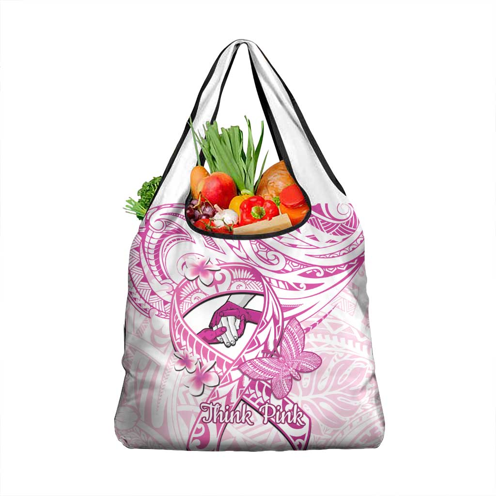Polynesia Breast Cancer Awareness Grocery Bag Pink Ribbon No One Fights Alone - White