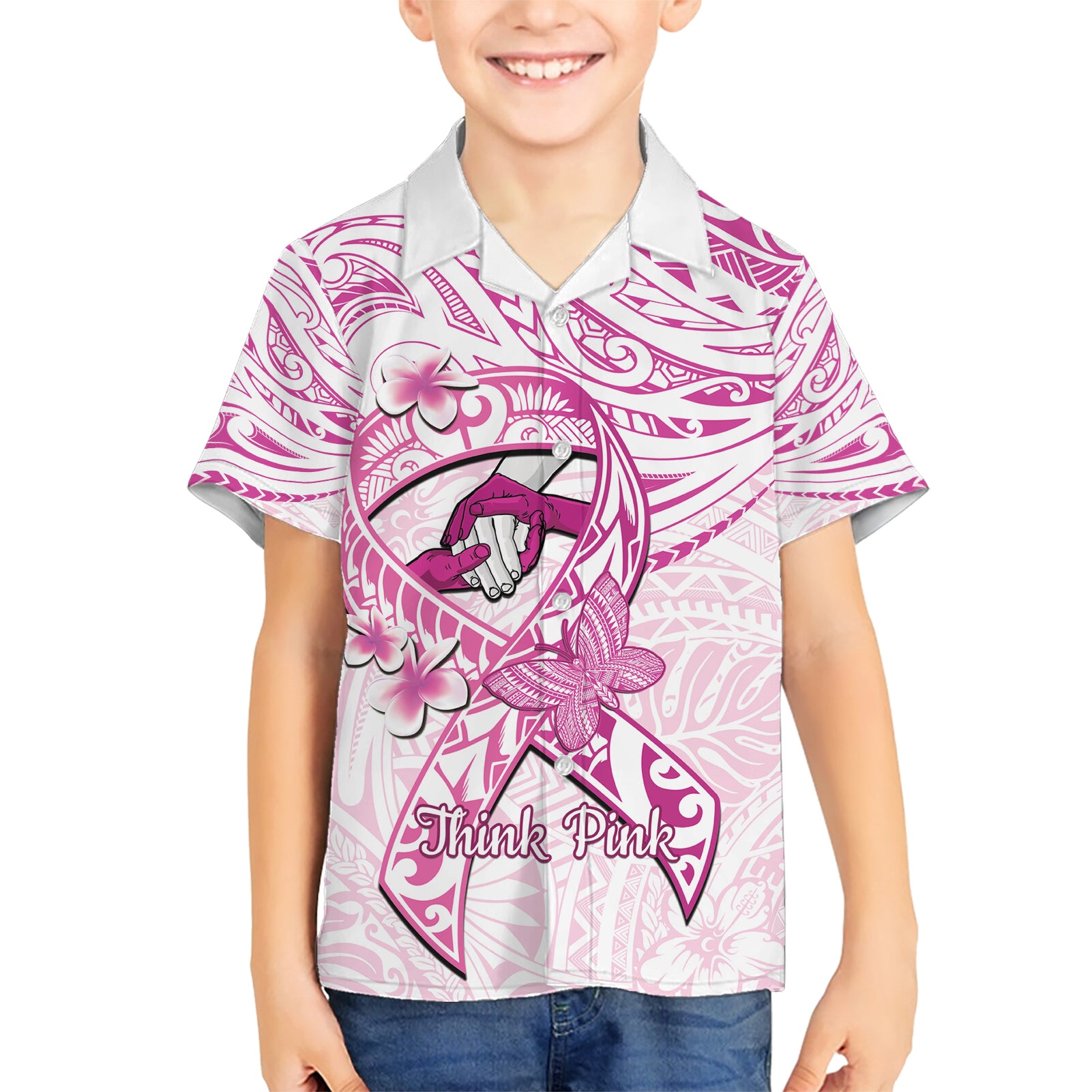 Polynesia Breast Cancer Awareness Kid Hawaiian Shirt Pink Ribbon No One Fights Alone - White