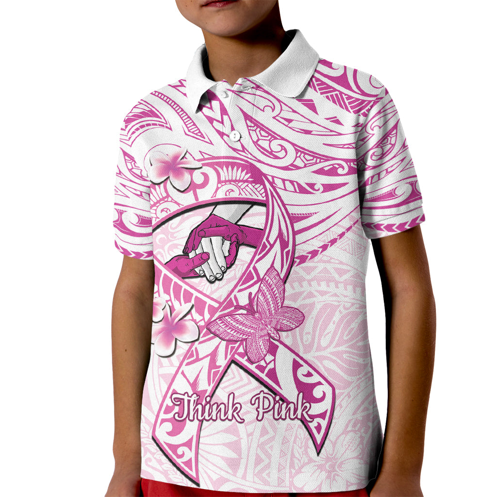 Polynesia Breast Cancer Awareness Kid Polo Shirt Pink Ribbon No One Fights Alone - White