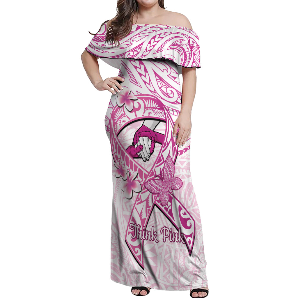 Polynesia Breast Cancer Awareness Off Shoulder Maxi Dress Pink Ribbon No One Fights Alone - White