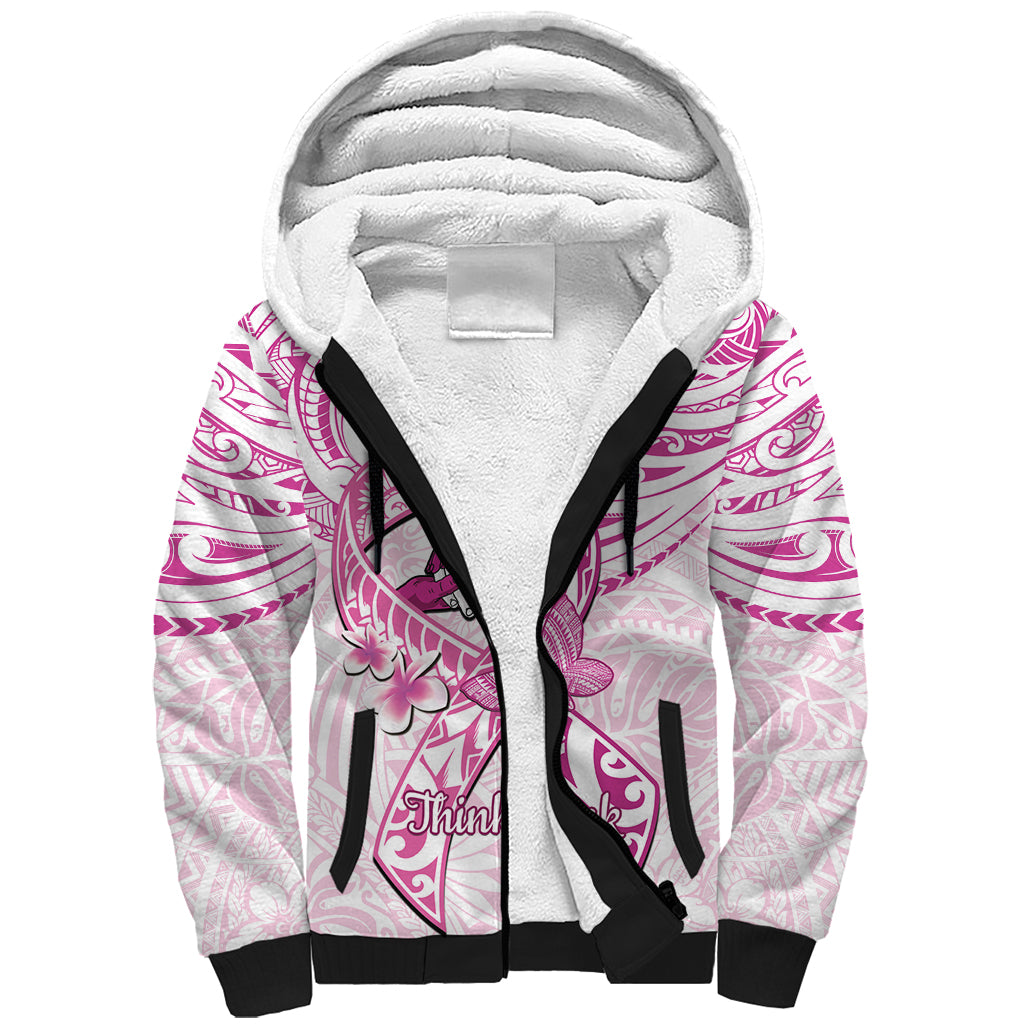 Polynesia Breast Cancer Awareness Sherpa Hoodie Pink Ribbon No One Fights Alone - White