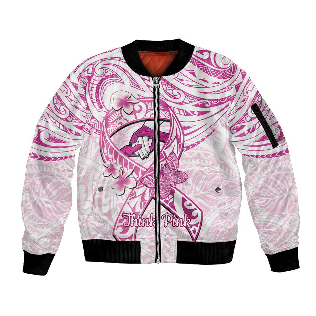 Polynesia Breast Cancer Awareness Sleeve Zip Bomber Jacket Pink Ribbon No One Fights Alone - White