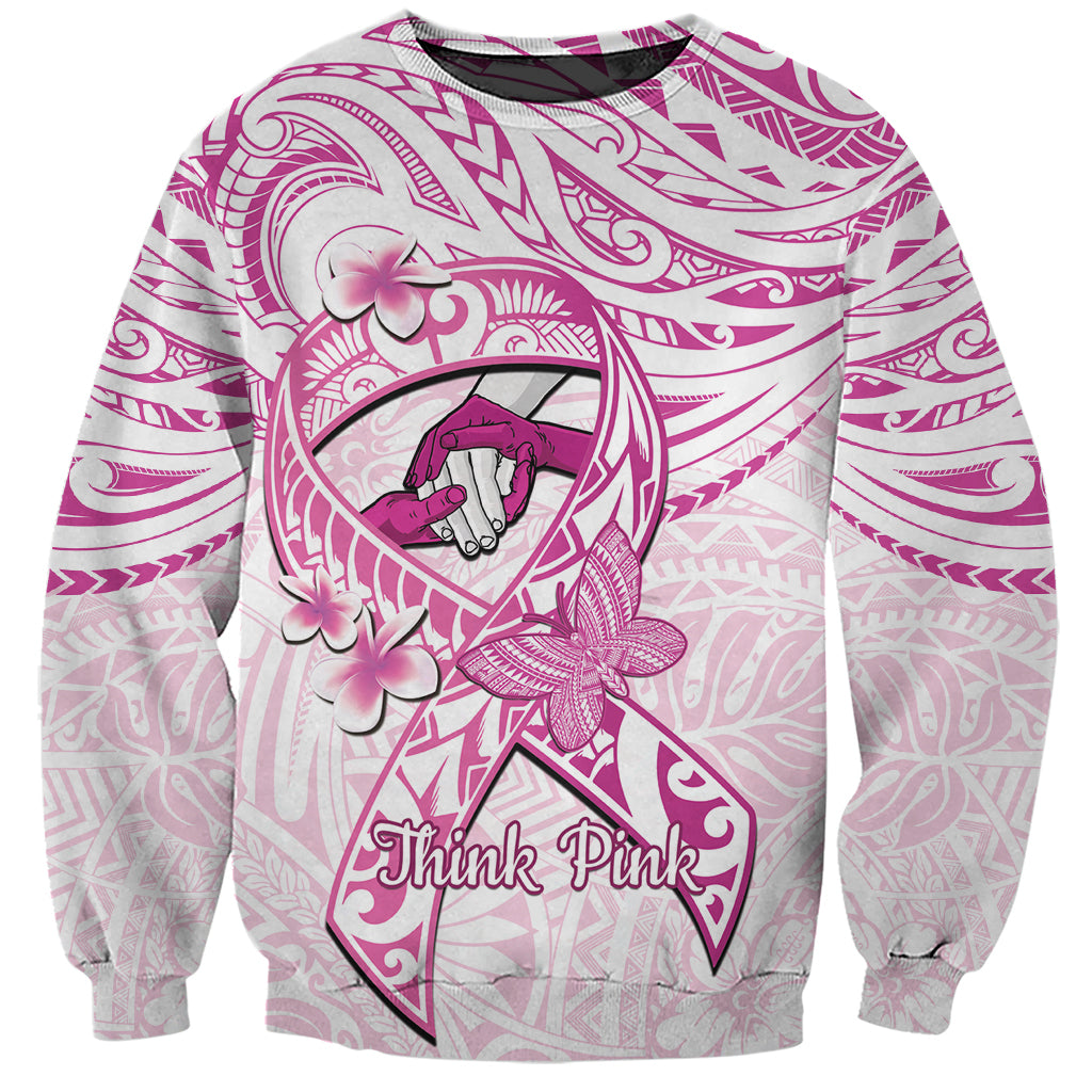 Polynesia Breast Cancer Awareness Sweatshirt Pink Ribbon No One Fights Alone - White