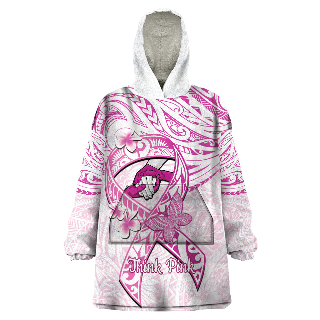 Polynesia Breast Cancer Awareness Wearable Blanket Hoodie Pink Ribbon No One Fights Alone - White