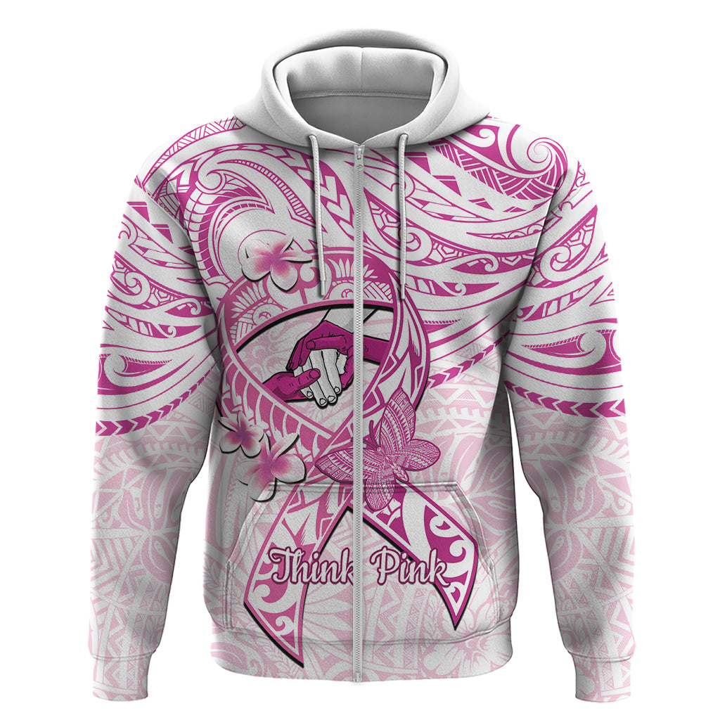 Polynesia Breast Cancer Awareness Zip Hoodie Pink Ribbon No One Fights Alone - White