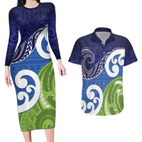 Southland New Zealand Couples Matching Long Sleeve Bodycon Dress and Hawaiian Shirt Maori Koru Flag Color LT14 Blue - Polynesian Pride