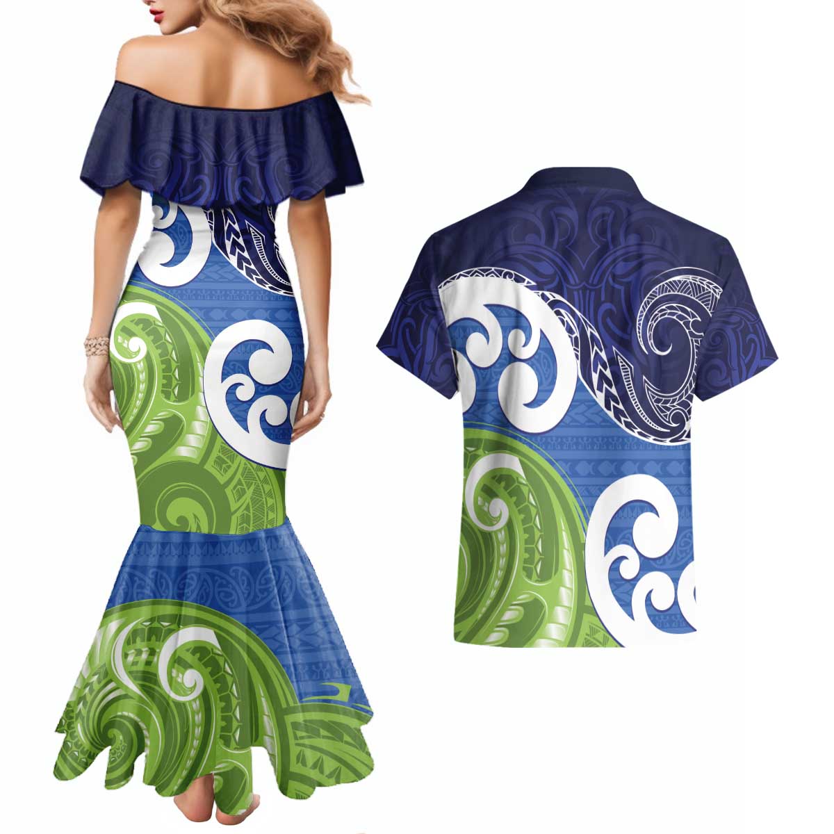 Southland New Zealand Couples Matching Mermaid Dress and Hawaiian Shirt Maori Koru Flag Color LT14 - Polynesian Pride
