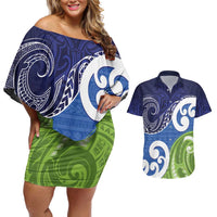 Southland New Zealand Couples Matching Off Shoulder Short Dress and Hawaiian Shirt Maori Koru Flag Color LT14 Blue - Polynesian Pride