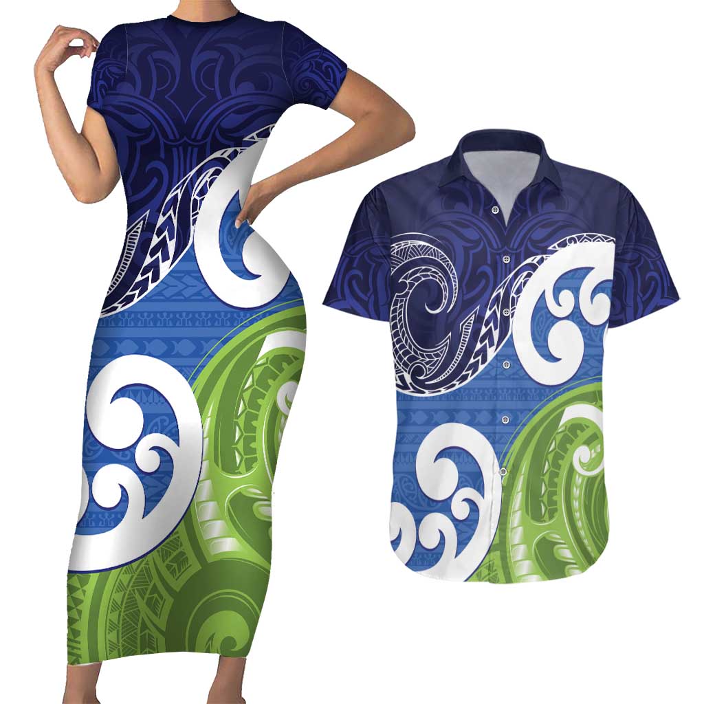 Southland New Zealand Couples Matching Short Sleeve Bodycon Dress and Hawaiian Shirt Maori Koru Flag Color LT14 Blue - Polynesian Pride