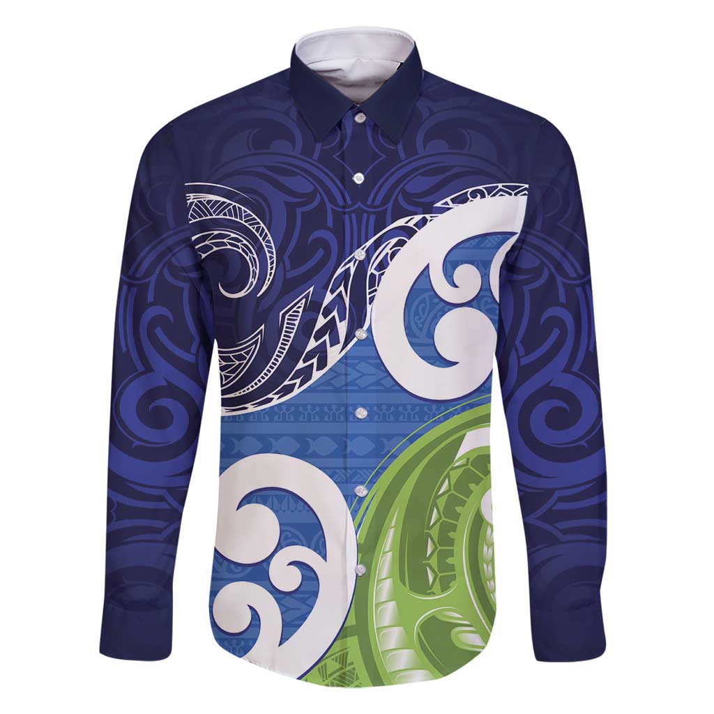 Southland New Zealand Family Matching Long Sleeve Bodycon Dress and Hawaiian Shirt Maori Koru Flag Color LT14 Dad's Shirt - Long Sleeve Blue - Polynesian Pride