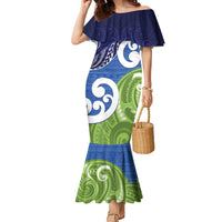 Southland New Zealand Family Matching Mermaid Dress and Hawaiian Shirt Maori Koru Flag Color LT14 Mom's Dress Blue - Polynesian Pride