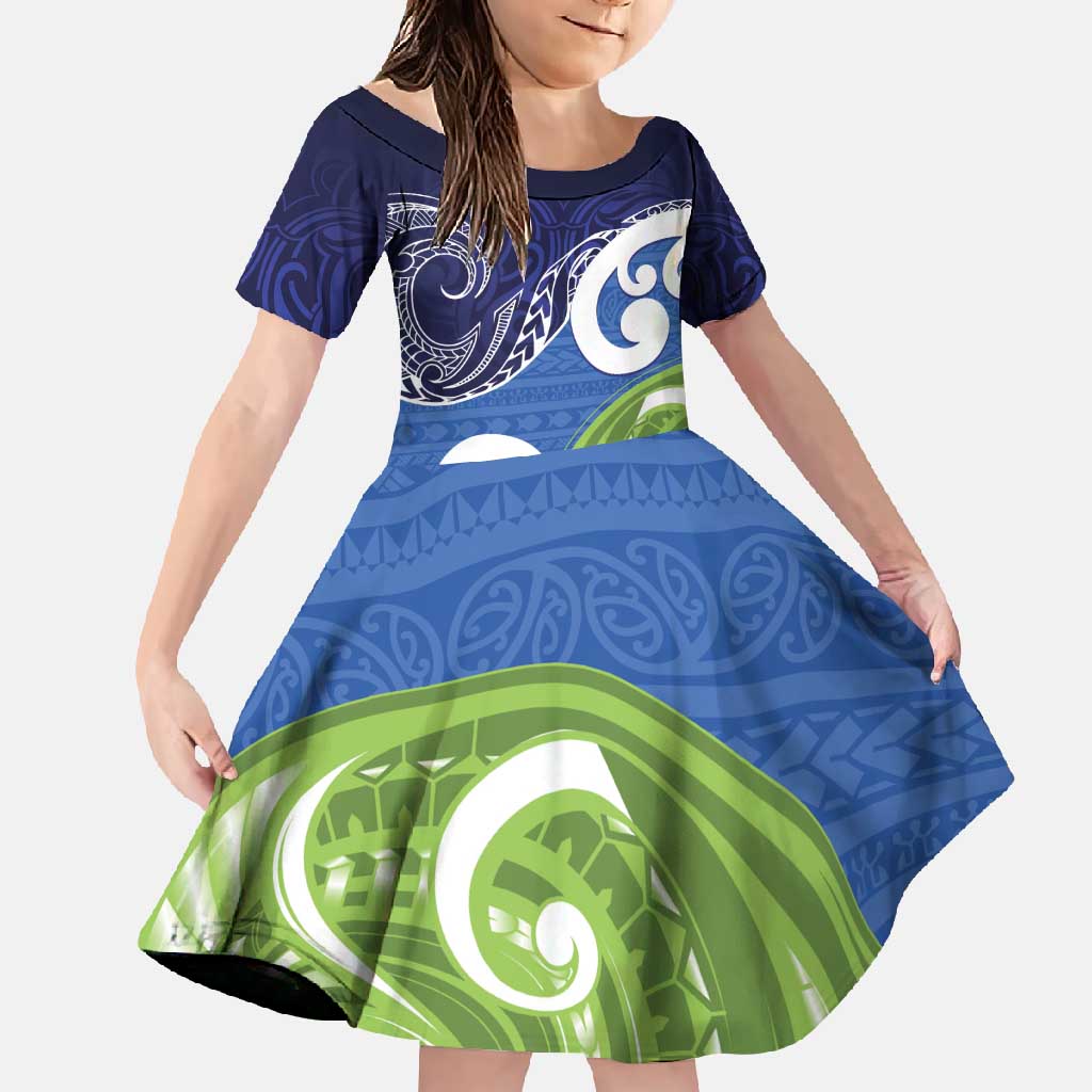 Southland New Zealand Family Matching Short Sleeve Bodycon Dress and Hawaiian Shirt Maori Koru Flag Color LT14 Daughter's Dress Blue - Polynesian Pride