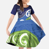 Southland New Zealand Family Matching Short Sleeve Bodycon Dress and Hawaiian Shirt Maori Koru Flag Color LT14 Daughter's Dress Blue - Polynesian Pride
