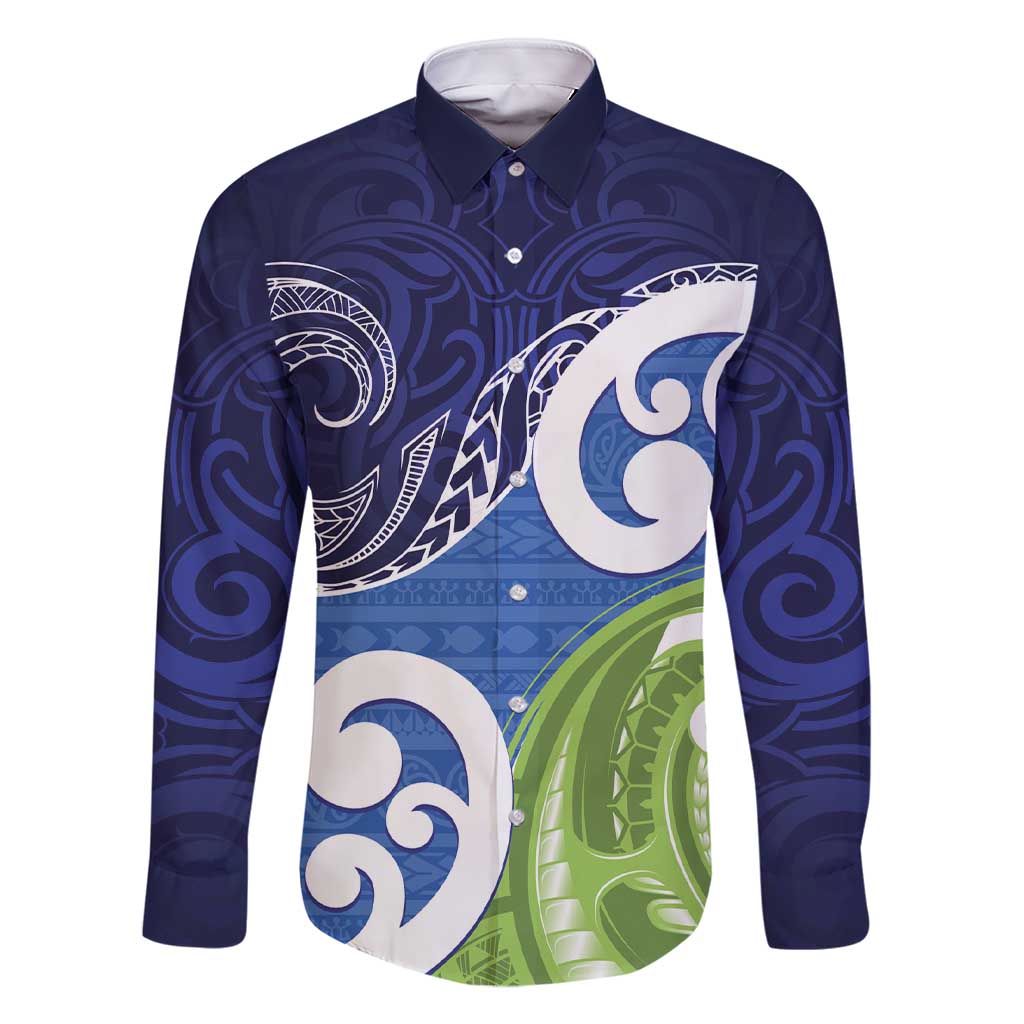 Southland New Zealand Family Matching Short Sleeve Bodycon Dress and Hawaiian Shirt Maori Koru Flag Color LT14 Dad's Shirt - Long Sleeve Blue - Polynesian Pride