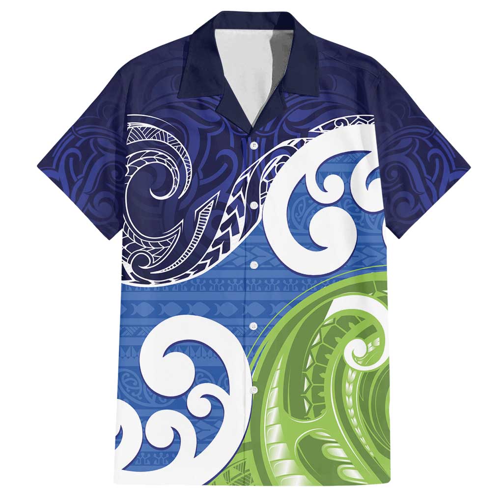 Southland New Zealand Family Matching Summer Maxi Dress and Hawaiian Shirt Maori Koru Flag Color LT14 Dad's Shirt - Short Sleeve Blue - Polynesian Pride