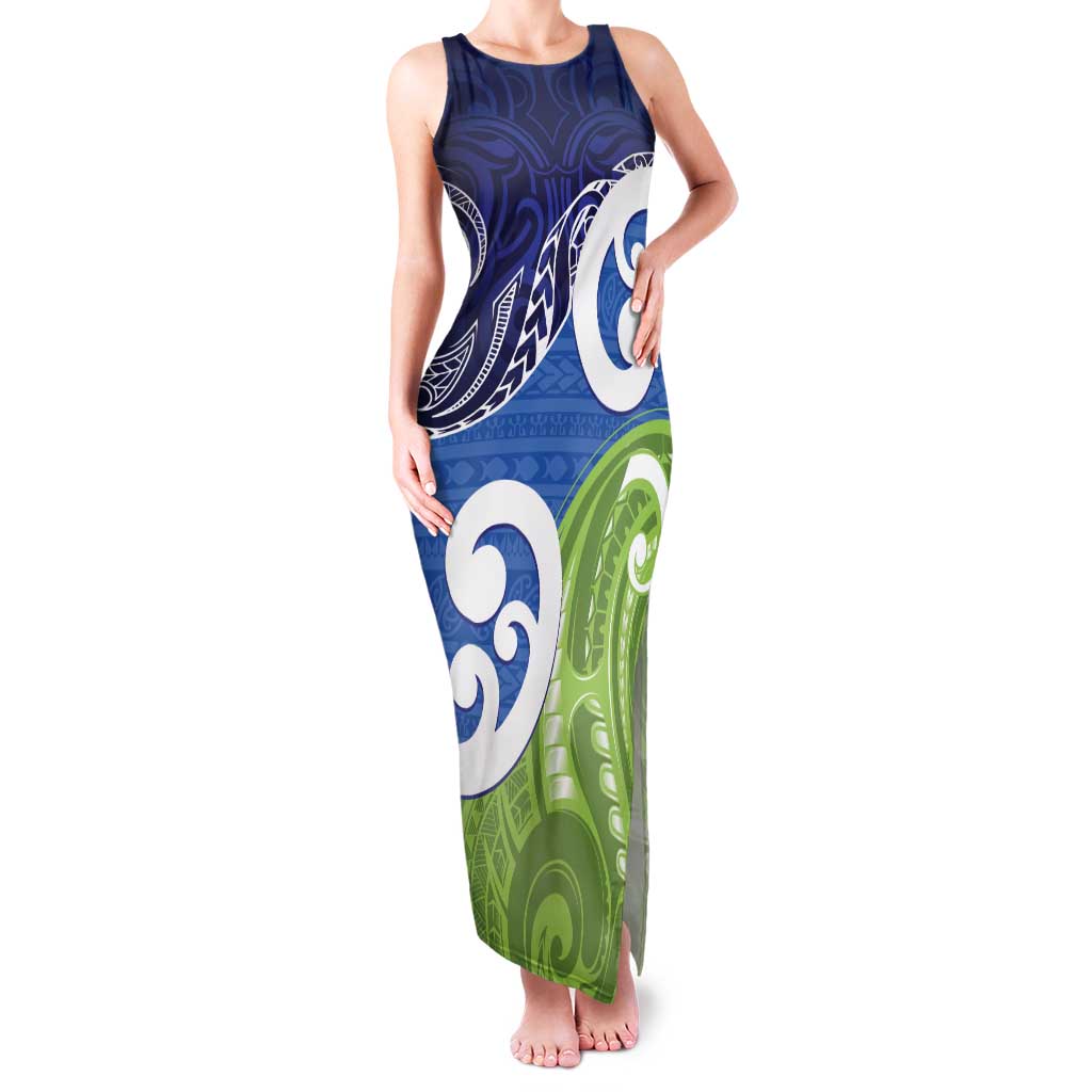 Southland New Zealand Family Matching Tank Maxi Dress and Hawaiian Shirt Maori Koru Flag Color LT14 Mom's Dress Blue - Polynesian Pride