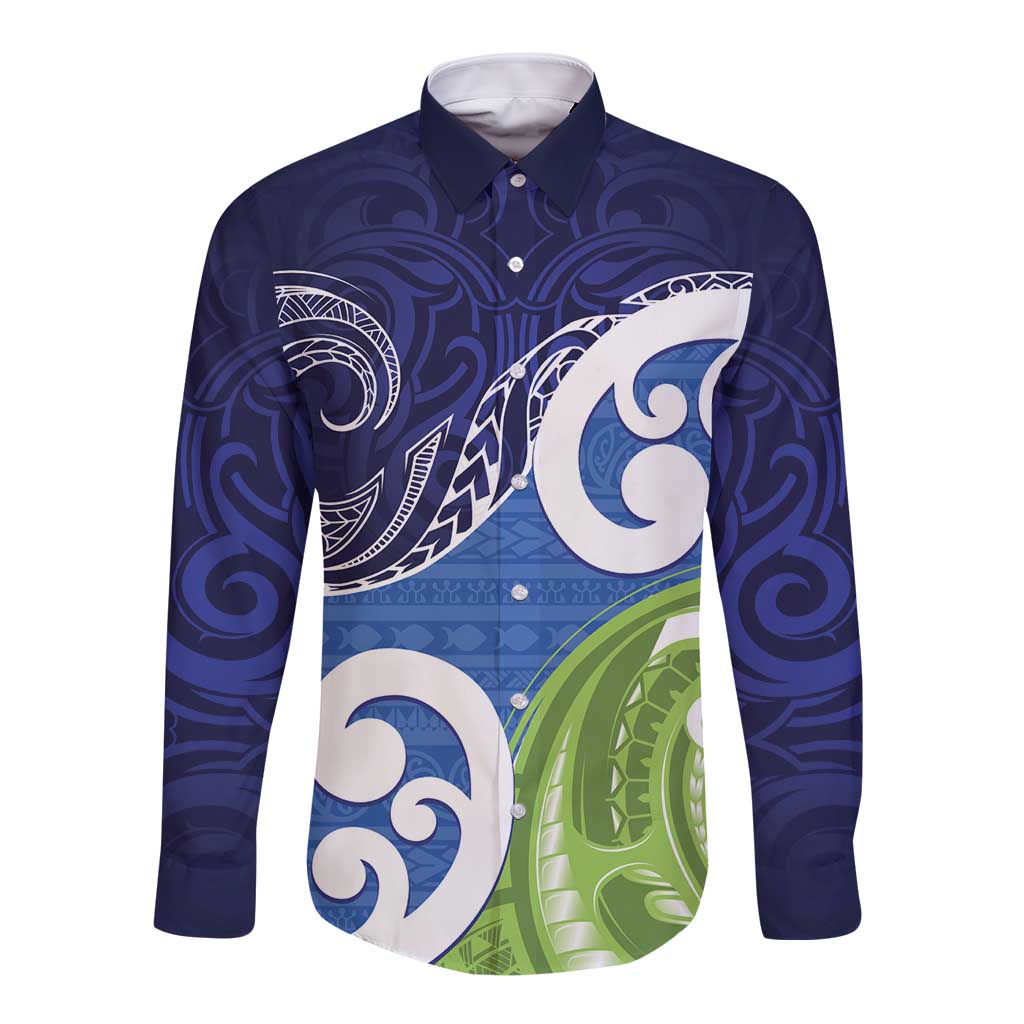 Southland New Zealand Long Sleeve Button Shirt Maori Koru Flag Color LT14 Unisex Blue - Polynesian Pride