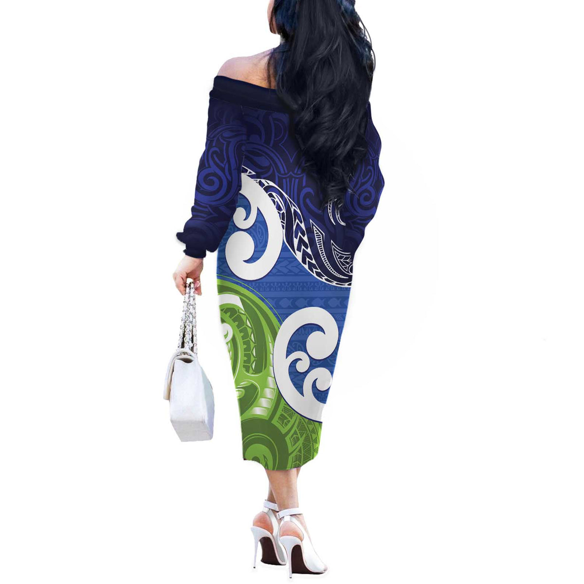 Southland New Zealand Off The Shoulder Long Sleeve Dress Maori Koru Flag Color
