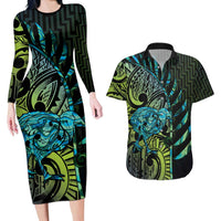Southland Takehe Pounama Couples Matching Long Sleeve Bodycon Dress and Hawaiian Shirt Aotearoa Poutama Paua Shell Fern