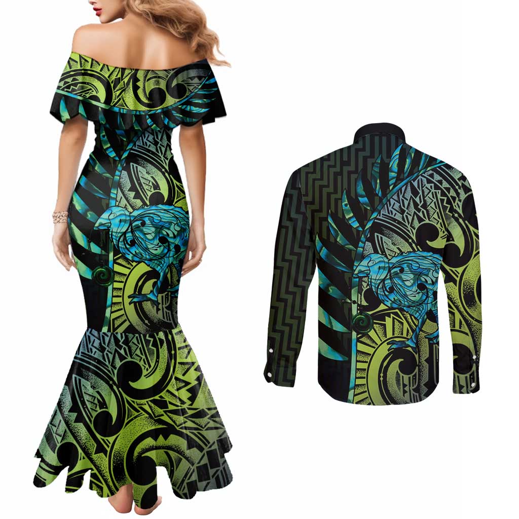Southland Takehe Pounama Couples Matching Mermaid Dress and Long Sleeve Button Shirt Aotearoa Poutama Paua Shell Fern LT14 - Polynesian Pride