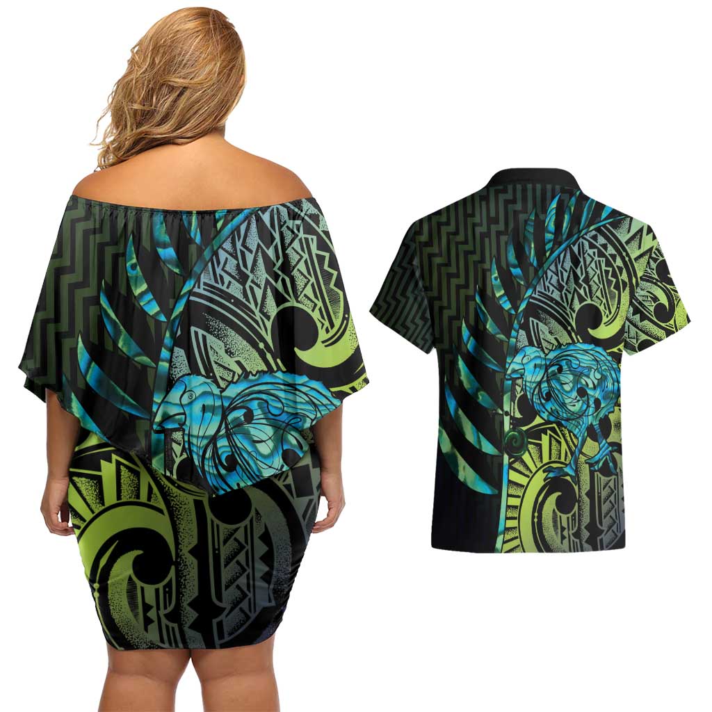 Southland Takehe Pounama Couples Matching Off Shoulder Short Dress and Hawaiian Shirt Aotearoa Poutama Paua Shell Fern LT14 - Polynesian Pride