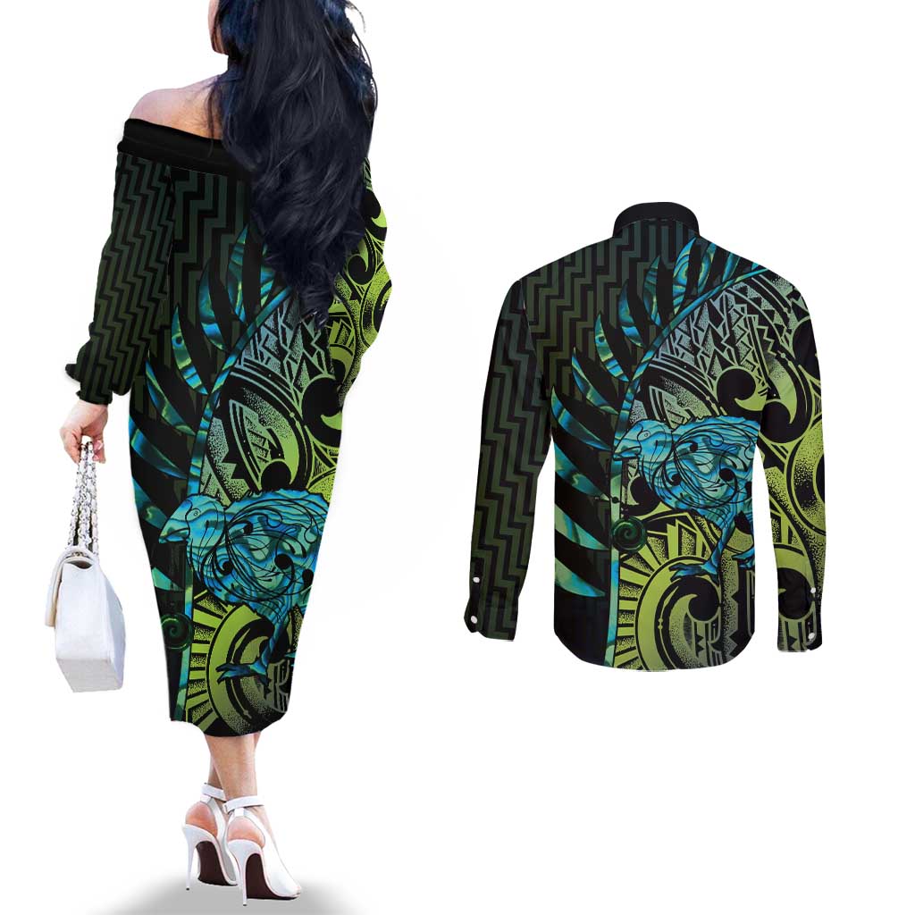 Southland Takehe Pounama Couples Matching Off The Shoulder Long Sleeve Dress and Long Sleeve Button Shirt Aotearoa Poutama Paua Shell Fern