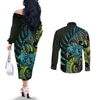 Southland Takehe Pounama Couples Matching Off The Shoulder Long Sleeve Dress and Long Sleeve Button Shirt Aotearoa Poutama Paua Shell Fern