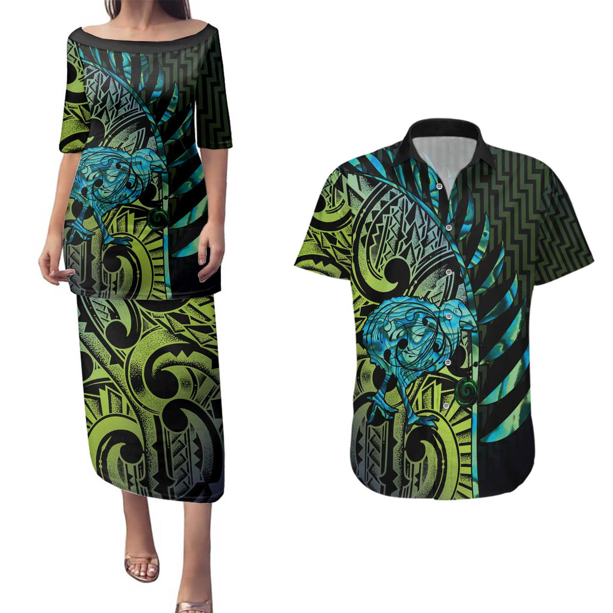 Southland Takehe Pounama Couples Matching Puletasi and Hawaiian Shirt Aotearoa Poutama Paua Shell Fern LT14 Black - Polynesian Pride