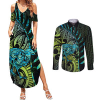 Southland Takehe Pounama Couples Matching Summer Maxi Dress and Long Sleeve Button Shirt Aotearoa Poutama Paua Shell Fern LT14 Black - Polynesian Pride