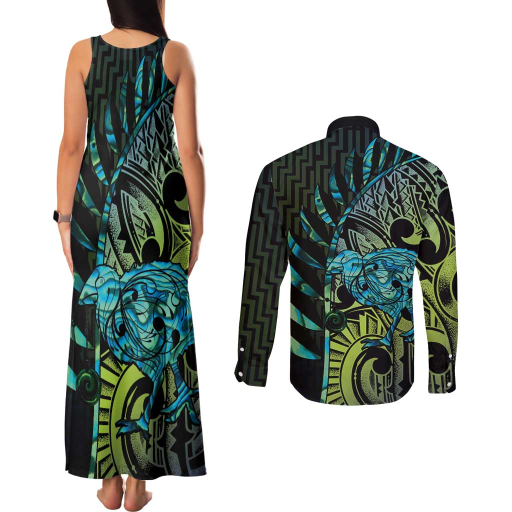 Southland Takehe Pounama Couples Matching Tank Maxi Dress and Long Sleeve Button Shirt Aotearoa Poutama Paua Shell Fern LT14 - Polynesian Pride