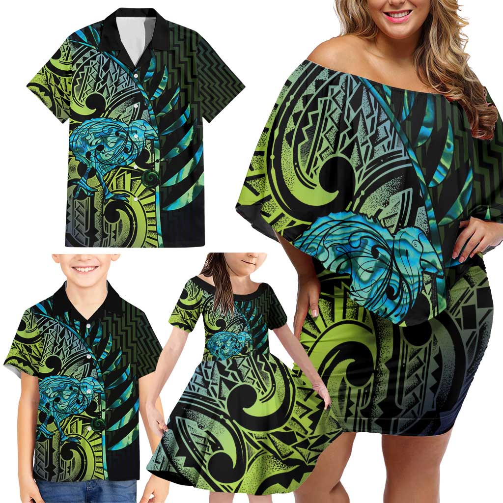 Southland Takehe Pounama Family Matching Off Shoulder Short Dress and Hawaiian Shirt Aotearoa Poutama Paua Shell Fern