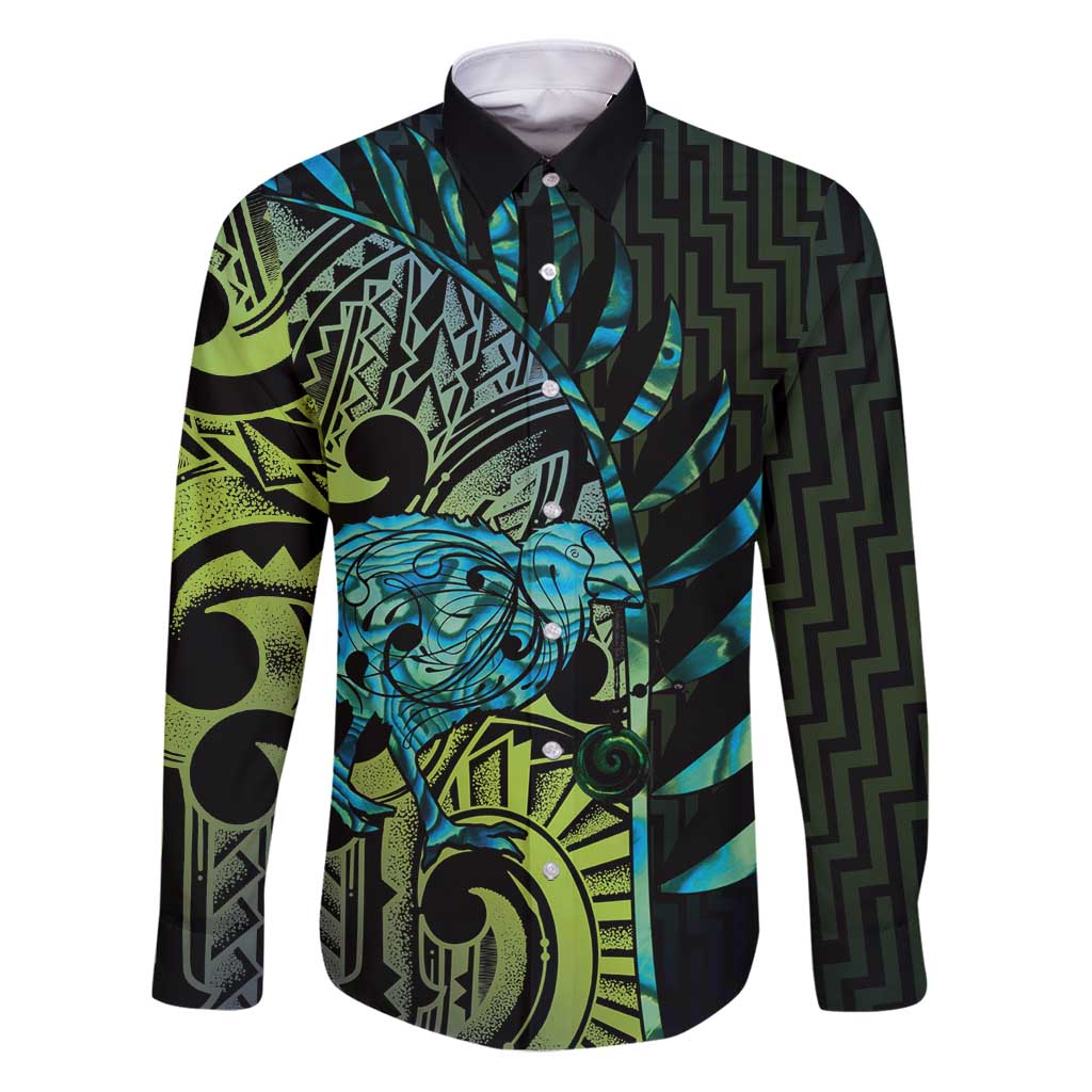 Southland Takehe Pounama Family Matching Puletasi and Hawaiian Shirt Aotearoa Poutama Paua Shell Fern LT14 Dad's Shirt - Long Sleeve Black - Polynesian Pride