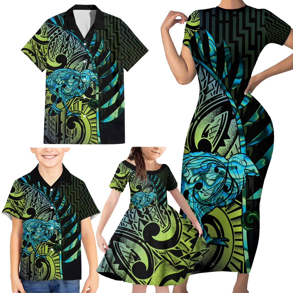 Southland Takehe Pounama Family Matching Short Sleeve Bodycon Dress and Hawaiian Shirt Aotearoa Poutama Paua Shell Fern LT14 - Polynesian Pride