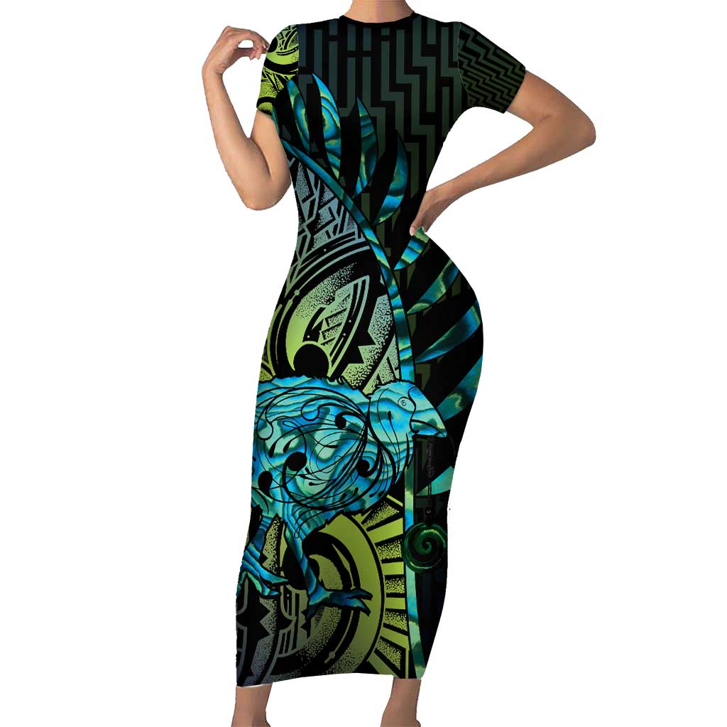 Southland Takehe Pounama Family Matching Short Sleeve Bodycon Dress and Hawaiian Shirt Aotearoa Poutama Paua Shell Fern LT14 Mom's Dress Black - Polynesian Pride