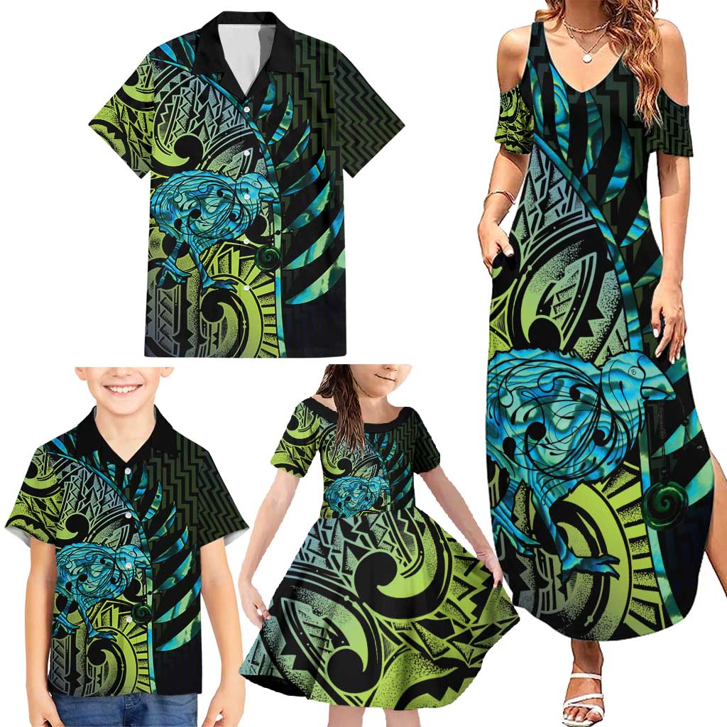 Southland Takehe Pounama Family Matching Summer Maxi Dress and Hawaiian Shirt Aotearoa Poutama Paua Shell Fern LT14 - Polynesian Pride