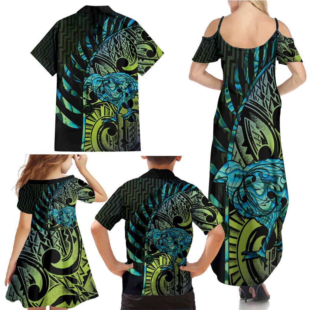 Southland Takehe Pounama Family Matching Summer Maxi Dress and Hawaiian Shirt Aotearoa Poutama Paua Shell Fern LT14 - Polynesian Pride