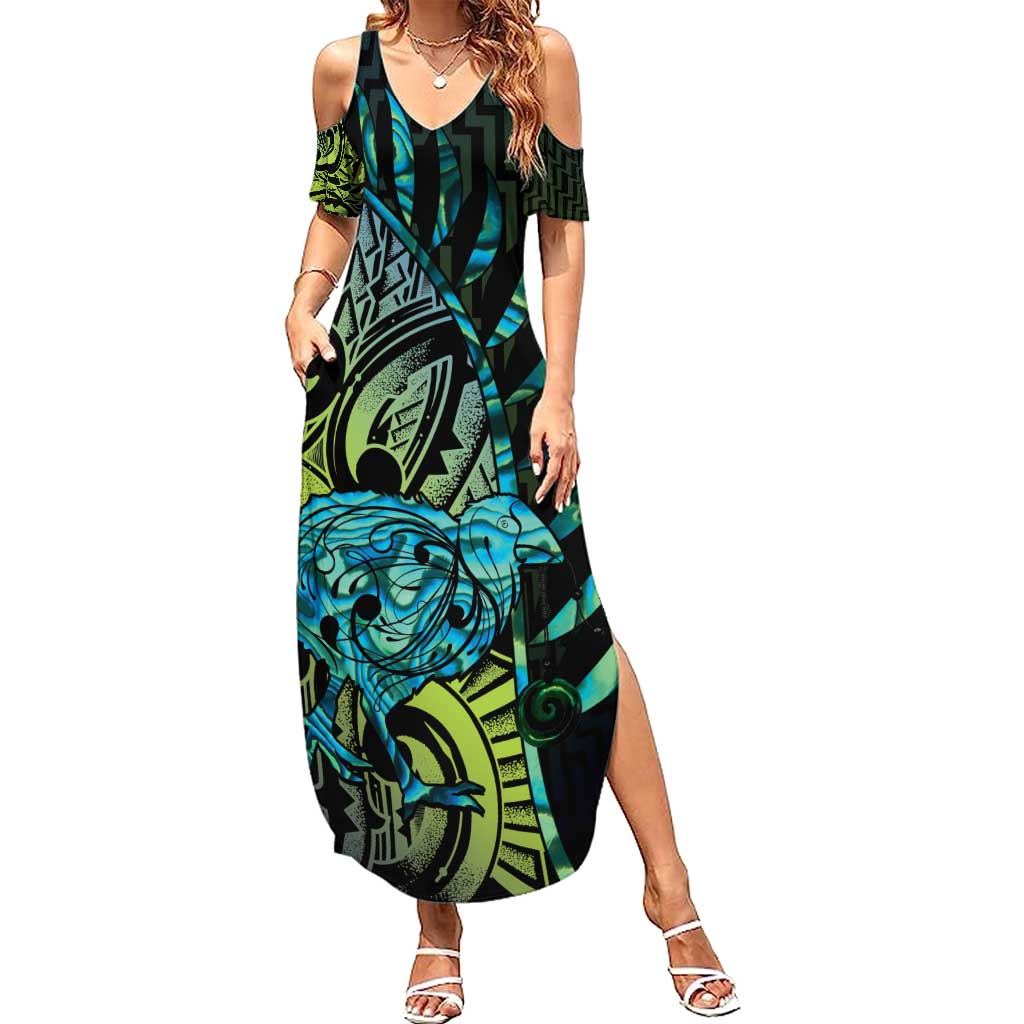 Southland Takehe Pounama Family Matching Summer Maxi Dress and Hawaiian Shirt Aotearoa Poutama Paua Shell Fern LT14 Mom's Dress Black - Polynesian Pride