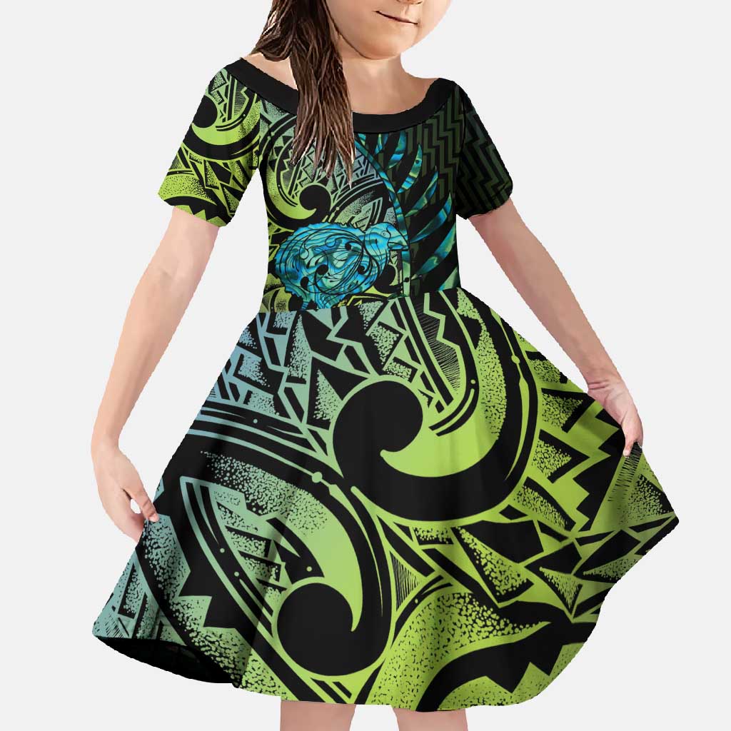 Southland Takehe Pounama Family Matching Tank Maxi Dress and Hawaiian Shirt Aotearoa Poutama Paua Shell Fern LT14 Daughter's Dress Black - Polynesian Pride