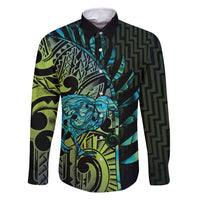 Southland Takehe Pounama Family Matching Tank Maxi Dress and Hawaiian Shirt Aotearoa Poutama Paua Shell Fern LT14 Dad's Shirt - Long Sleeve Black - Polynesian Pride