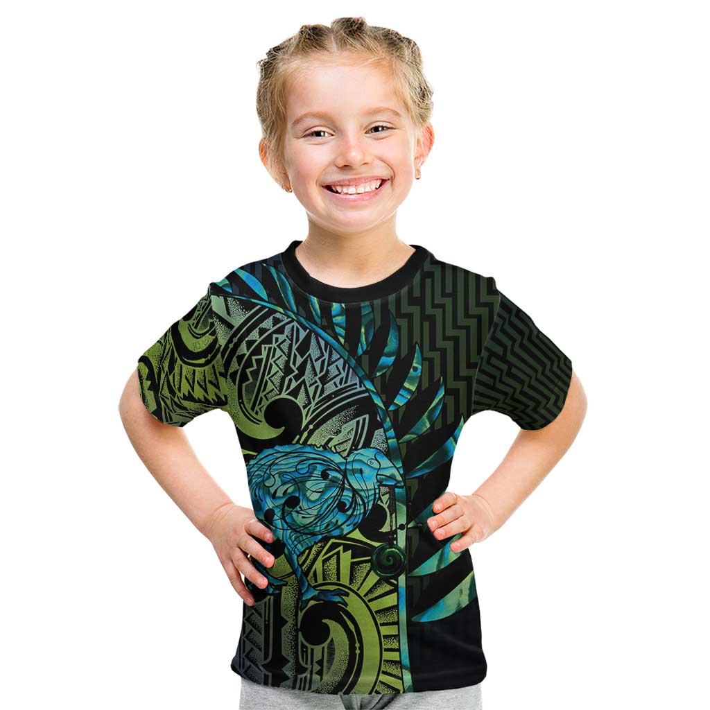 Southland Takehe Pounama Kid T Shirt Aotearoa Poutama Paua Shell Fern LT14 Black - Polynesian Pride